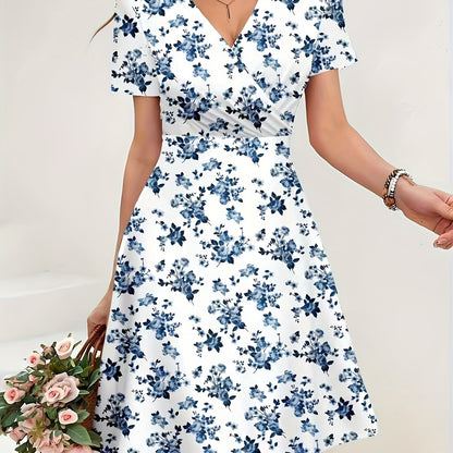 Elegant Floral Print V-Neck Short Sleeve Dress | Suitable for Outerwear or Layering, Flared Design, Ideal for Spring/Fall