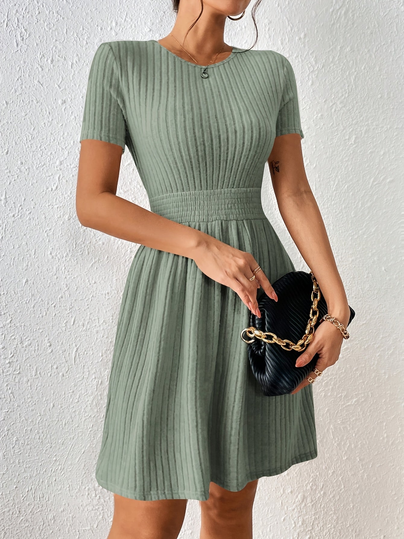 New Fashion Casual / Solid Color Ribbed / Waist-Knot A-Line Dress