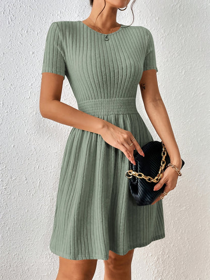 New Fashion Casual / Solid Color Ribbed / Waist-Knot A-Line Dress