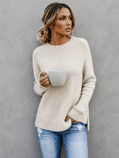 Women'S Casual Commuter Style Retro All-Match Short Front Long Back Slit Round Neck Long Sleeve Sweater Pullover