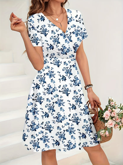 Elegant Floral Print V-Neck Short Sleeve Dress | Suitable for Outerwear or Layering, Flared Design, Ideal for Spring/Fall