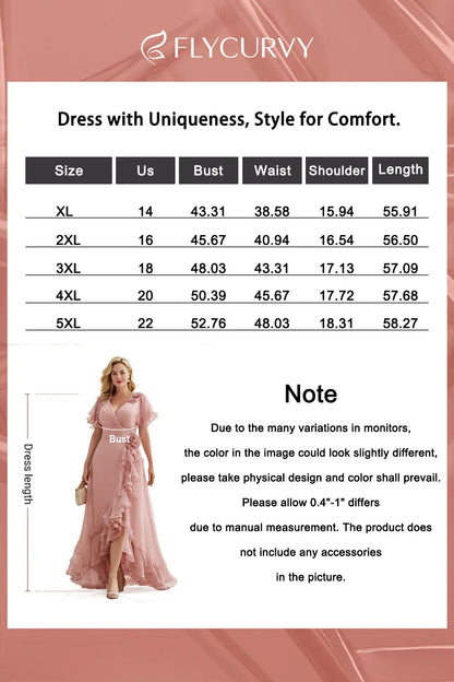 Flycurvy Plus Size Wedding Guest Blush Pink Chiffon Wrap Flutter Sleeve Slit Ruffle Hem Maxi Dress