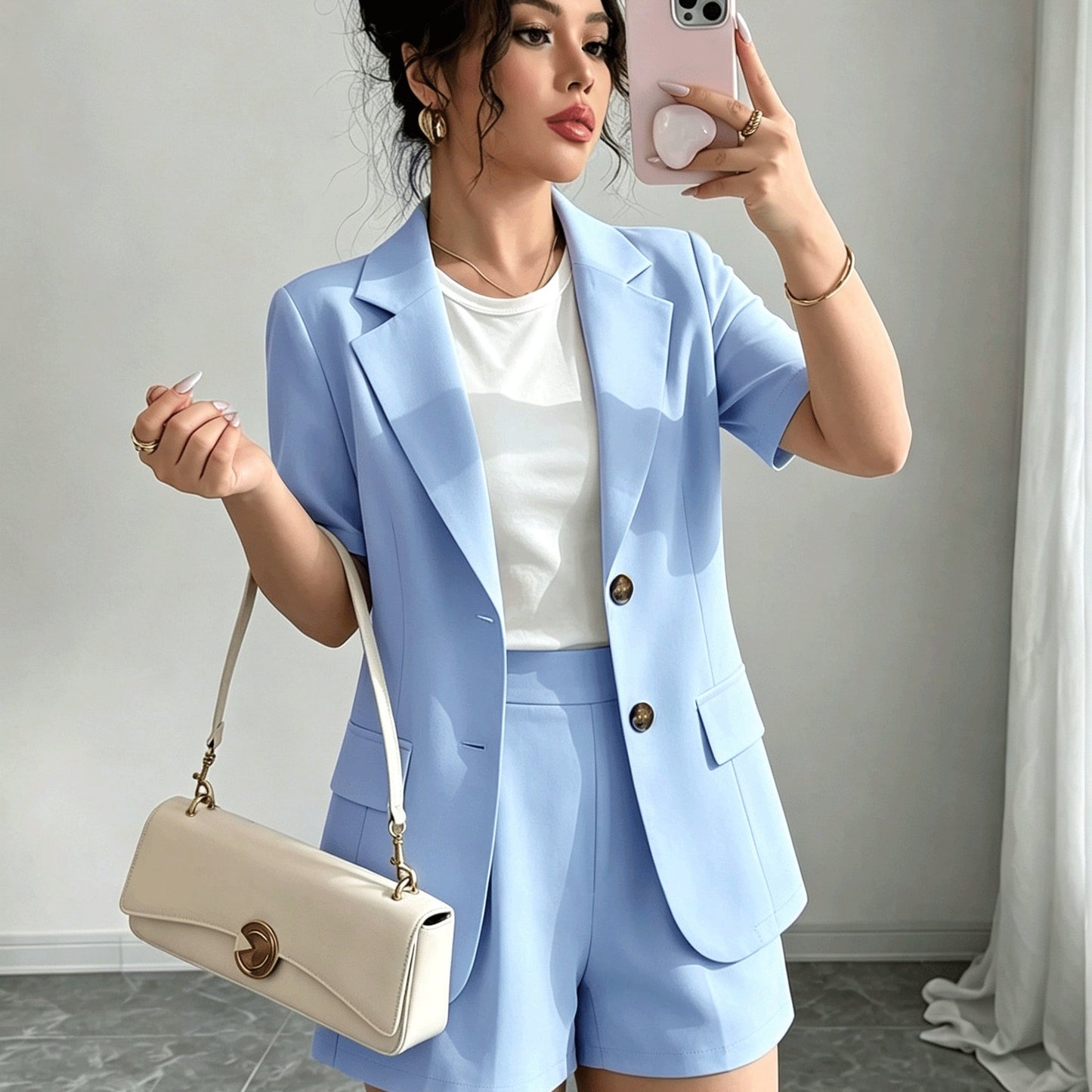 Elegant Casual Commuter Suit Set, Solid Color Short-Sleeve Blazer, Shorts/Wide-Leg Pants, Women's Spring/Summer Style