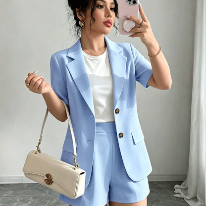 Elegant Casual Commuter Suit Set, Solid Color Short-Sleeve Blazer, Shorts/Wide-Leg Pants, Women's Spring/Summer Style
