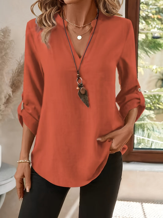 Effortless Tunic Blouse for Women with V Neck Roll Tab Long Sleeve Relaxed Flowing Style