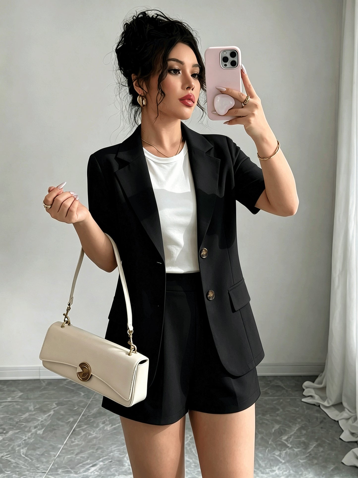 Elegant Casual Commuter Suit Set, Solid Color Short-Sleeve Blazer, Shorts/Wide-Leg Pants, Women's Spring/Summer Style