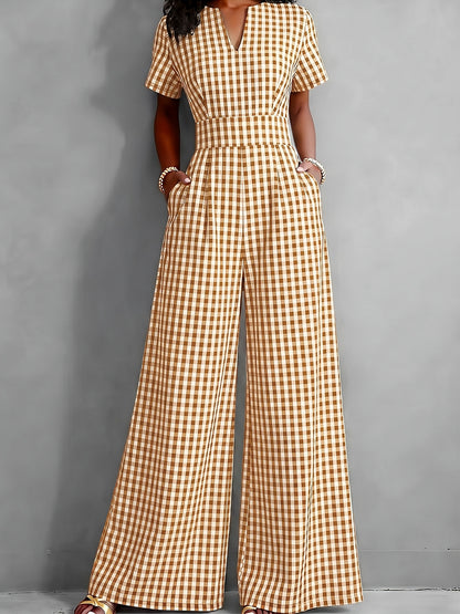 2026 Spring Summer Plaid V-Neck Short Sleeve Jumpsuit Women's, High-Waist Wide-Leg Straight Long Pants, Commute Casual Two-Wear, Waist-Cinching Design Flowing Wide-Leg Trousers