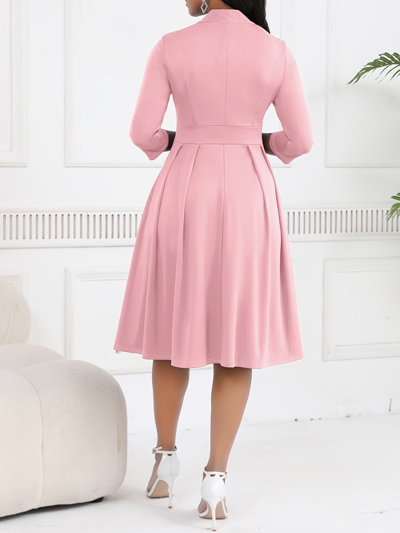 Spring/Autumn Women's Dress with Tie Waist, Elegant and Sophisticated, Business Workplace, Tie-Neck Navy Blue Midi Dress HRYY116