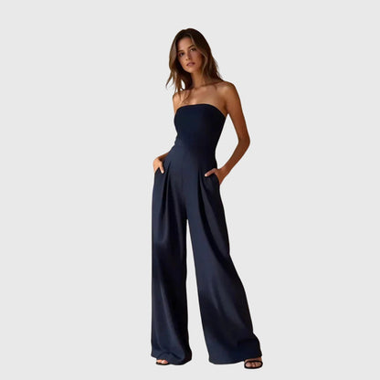 Elegant Strapless Jumpsuit for Women with Wide Leg Pleated Front Pocket Casual Formal Style
