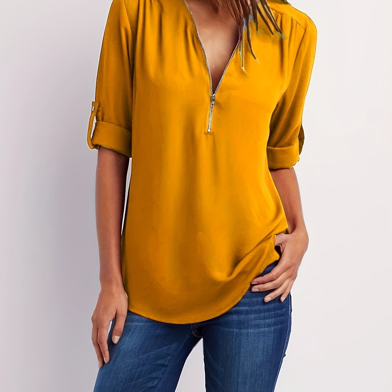 V-Neck Zipper Women'S Long-Sleeved Roll-Up Sleeve Loose Chiffon Shirt
