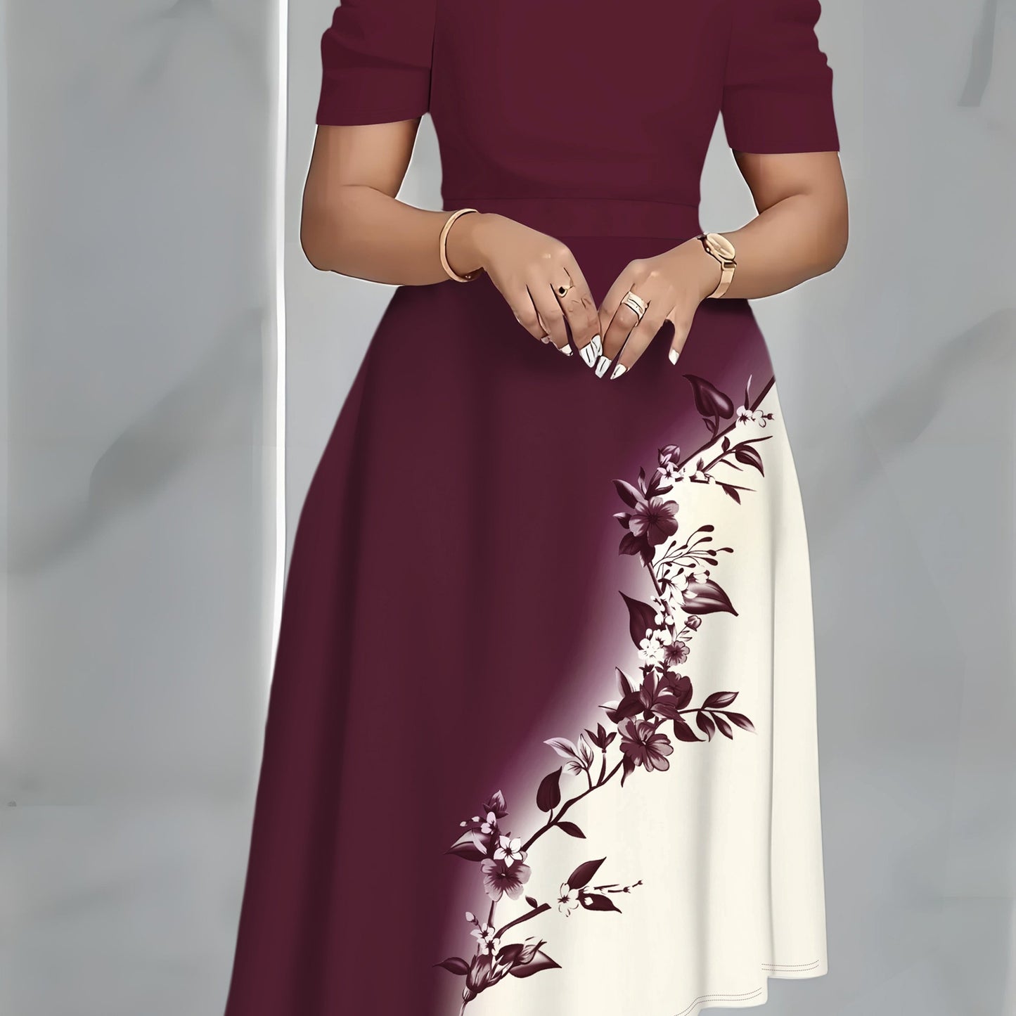 Women's Dress, Floral Print V-neck Short-sleeved Dress, Elegant and Fashionable, Suitable for Home, Dating Parties, Travel and Vacation Wear