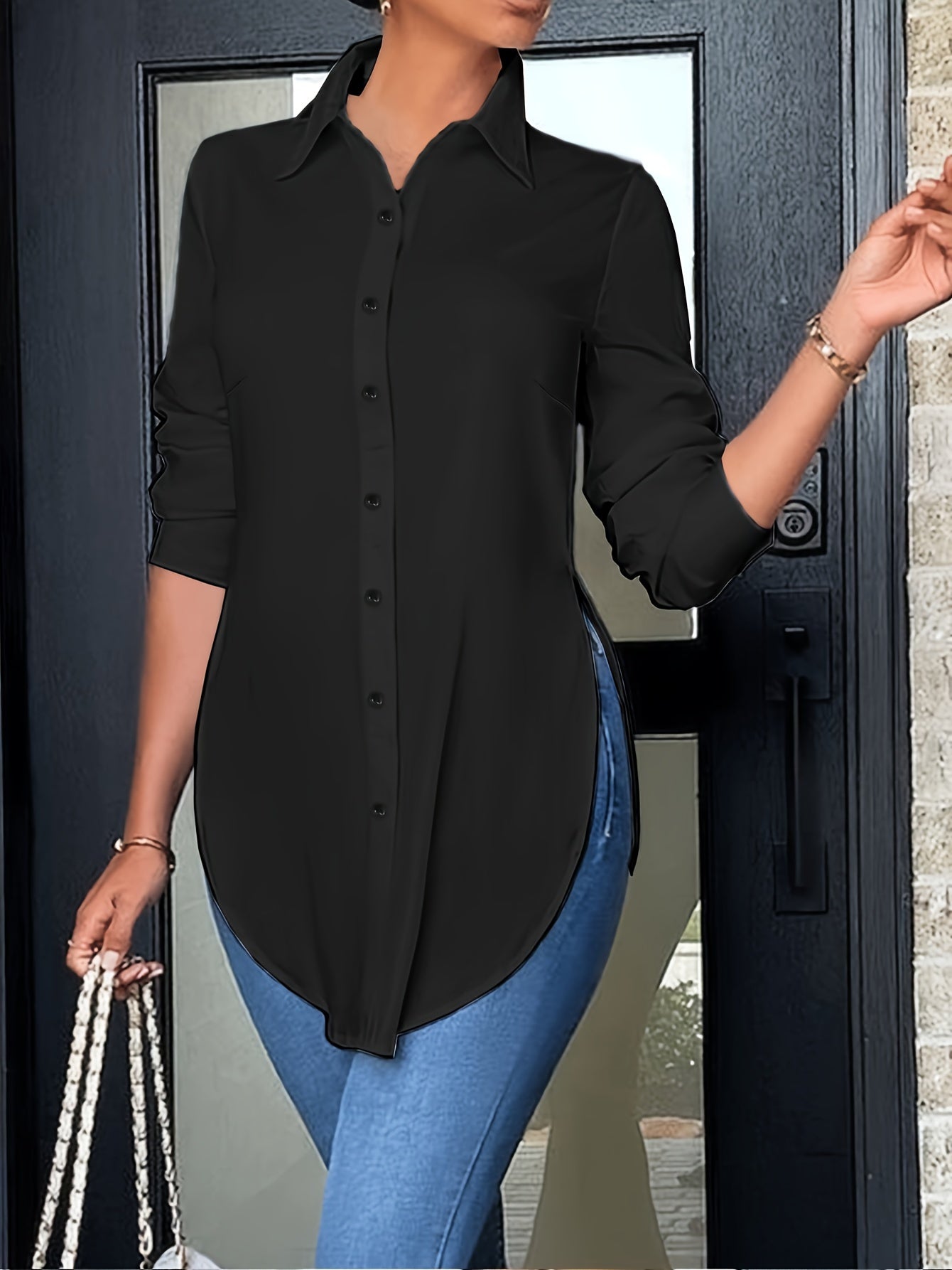 Women'S Elegant Long Sleeve Button-Front Blouse - Non-See-Through Shirt with Side Slit, All-Season Office & Everyday Blouse for Women, Professional Casual Outfits - Easy-care Clothing, Ladies Blouses, Work Attire, Stylish Shirt, Fashion Lovers