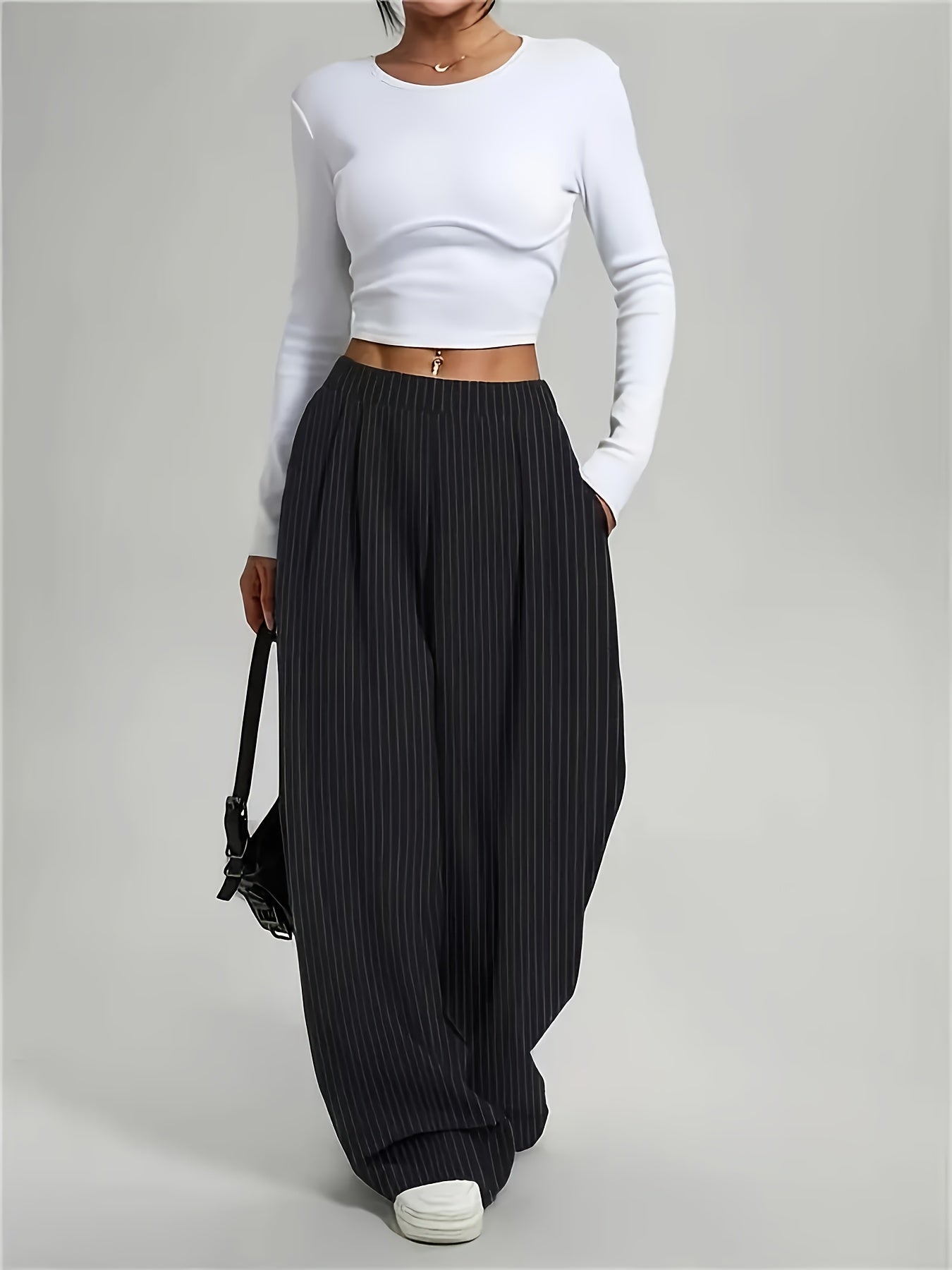 [Striped Harem Pants] Women's Casual Striped Harem Pants - High-Waist Full-Length Wide-Leg Trousers with Vertical Pleats and Pocket Design - Elegant Special Series, Structured Non-Stretch Fabric Suitable for All Seasons, Professional and Semi-Formal Wear