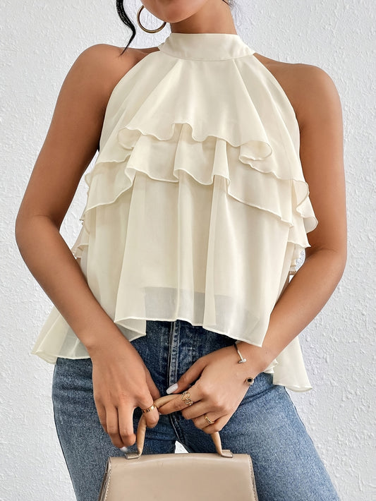 Elegant Beige Chiffon Halter Top for Women with Mock Neck Tiered Ruffle Flowing Style