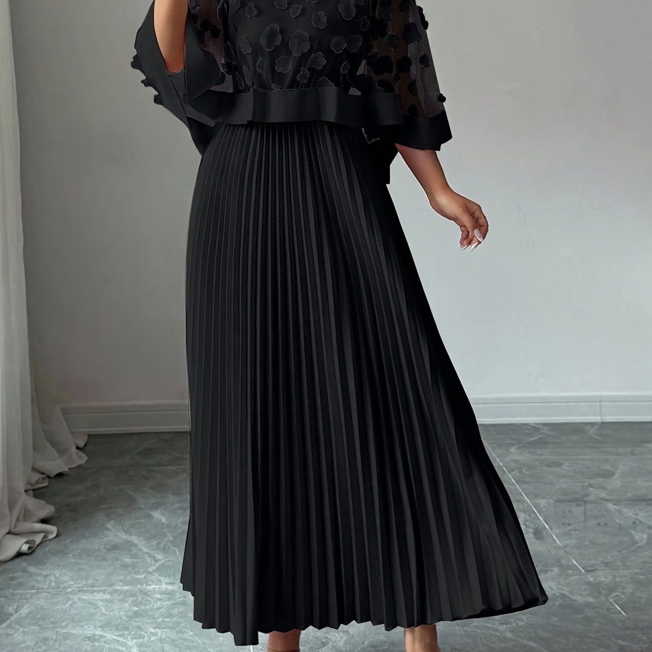 Elegant Floral Applique Two Piece Set for Women with Round Neck Flutter Sleeve Pleated Maxi Skirt Formal Style