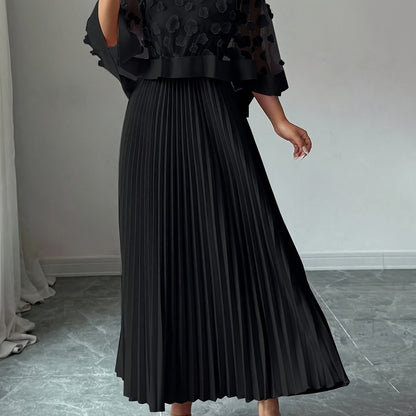 Elegant Floral Applique Two Piece Set for Women with Round Neck Flutter Sleeve Pleated Maxi Skirt Formal Style