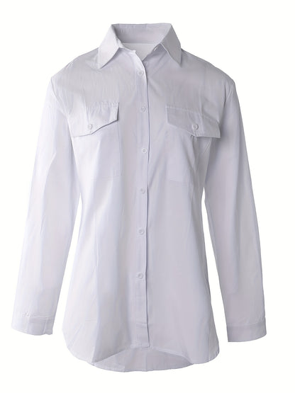 Button Front Long Sleeve Shirt, Casual Solid Office Shirt With Collar, Women's Clothing
