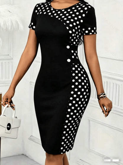 Elegant Popular Women'S Round Neck Geometric Print Elastic Slim Fit Hip Wrap Pencil Dress