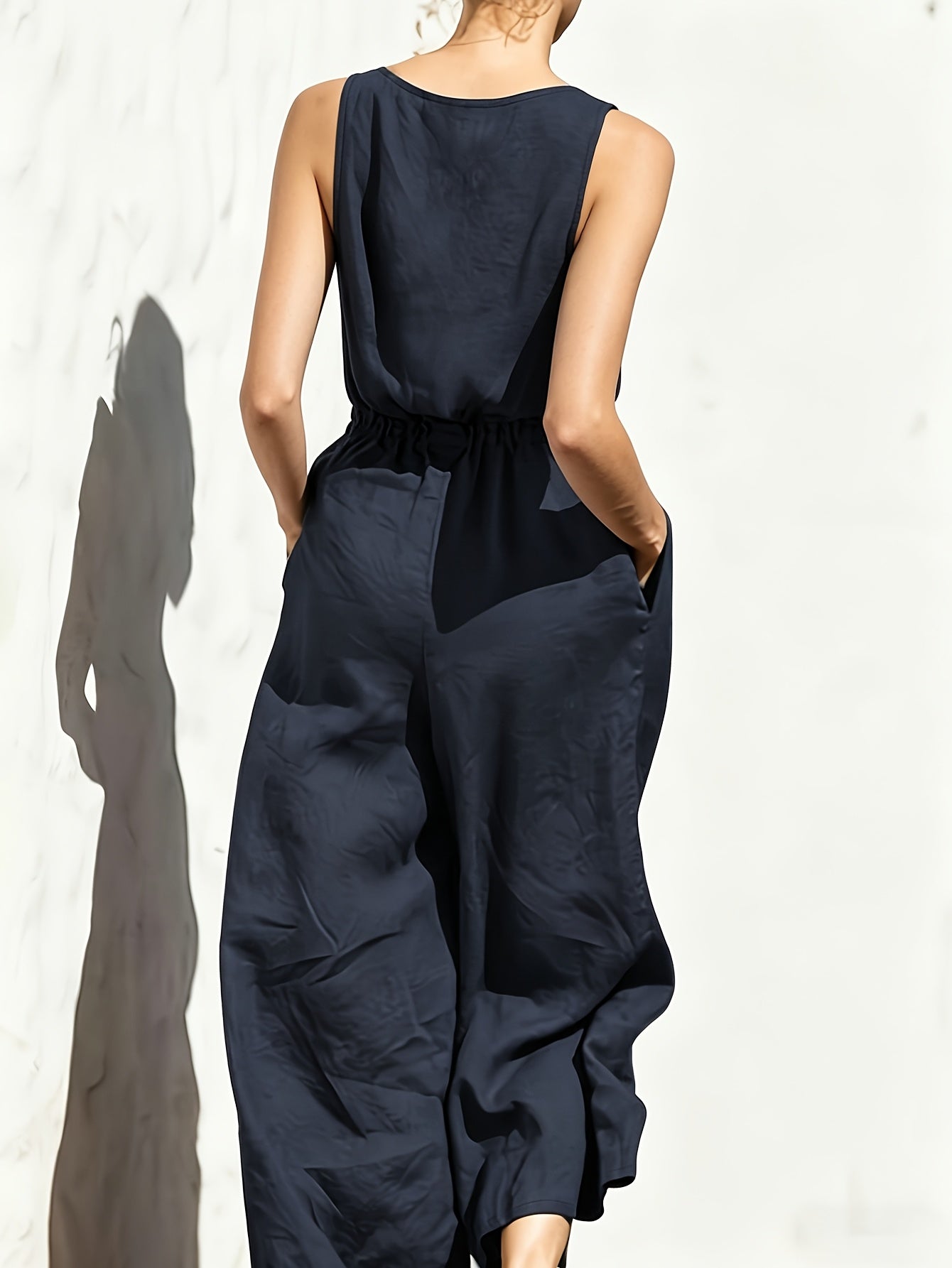 Commuting Style Navy Jumpsuit Sleeveless Button Waist Wide-Leg Casual Jumpsuit