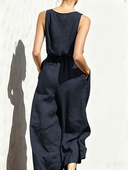 Commuting Style Navy Jumpsuit Sleeveless Button Waist Wide-Leg Casual Jumpsuit