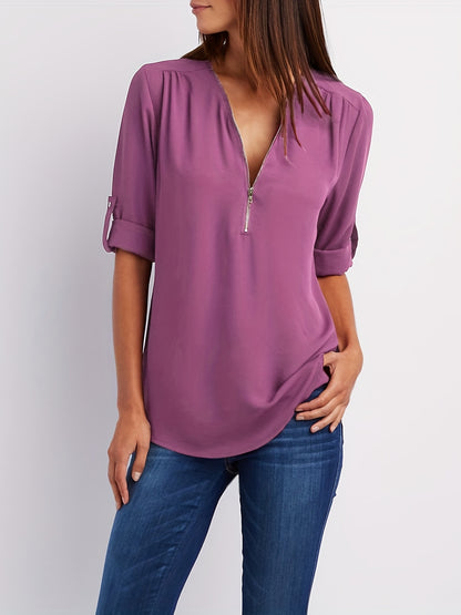 V-Neck Zipper Women'S Long-Sleeved Roll-Up Sleeve Loose Chiffon Shirt