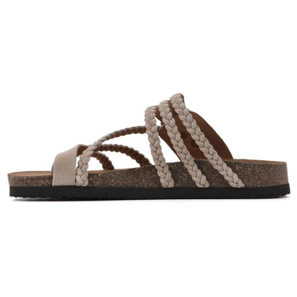 Comfortable Sandals for Women with Braided Toe Loop Buckle Strap Cork Footbed Slide Style