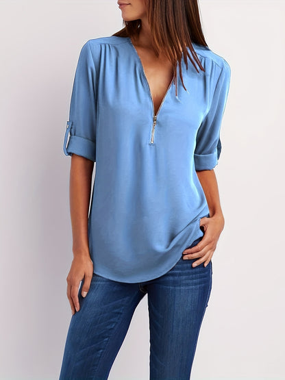 V-Neck Zipper Women'S Long-Sleeved Roll-Up Sleeve Loose Chiffon Shirt