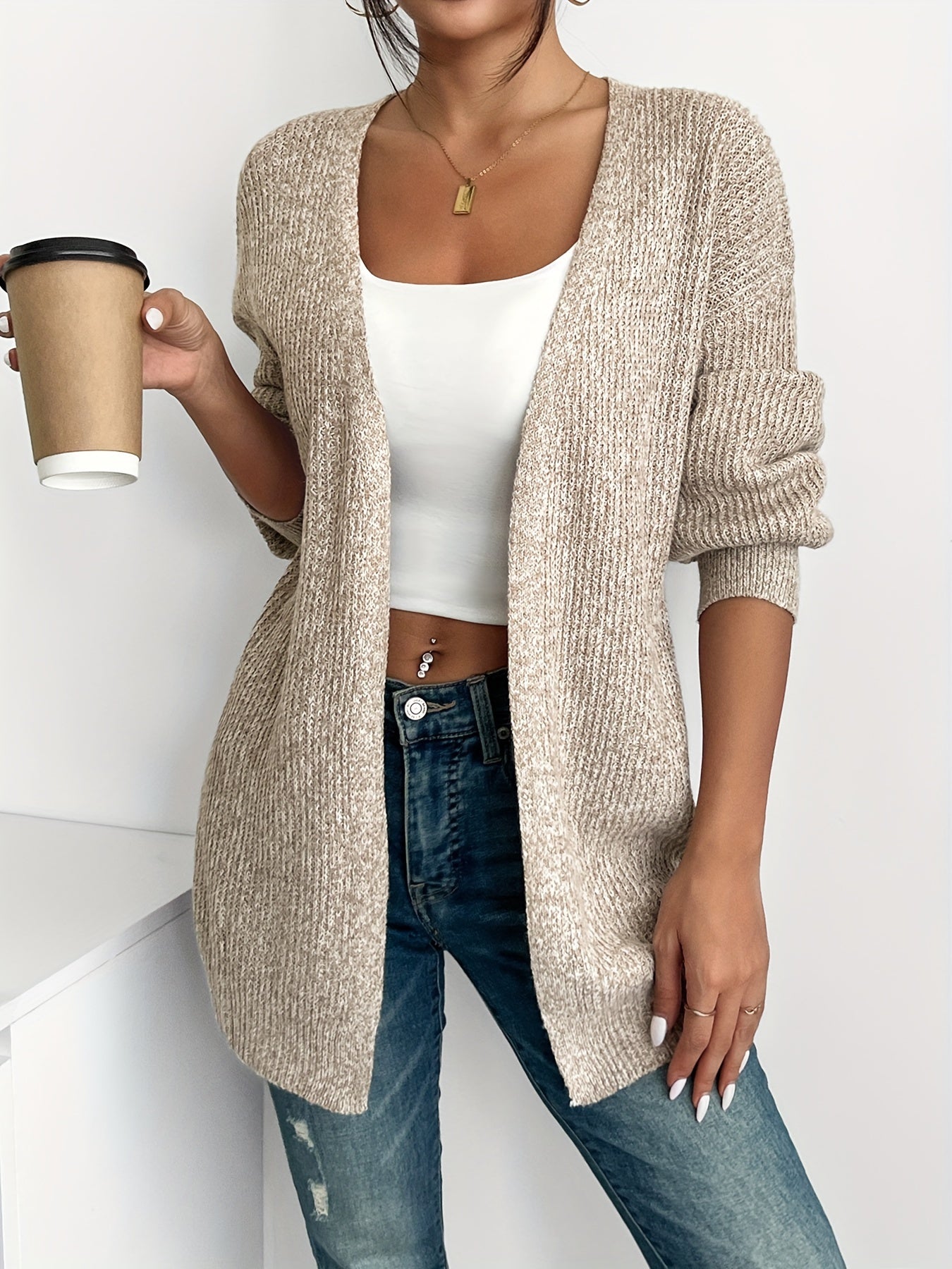 Women's Open Front Drop Shoulder Striped Solid Cardigan