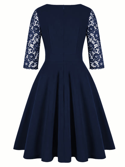 Vintage Floral Lace Party Swing Dress with a Square Neckline for Women