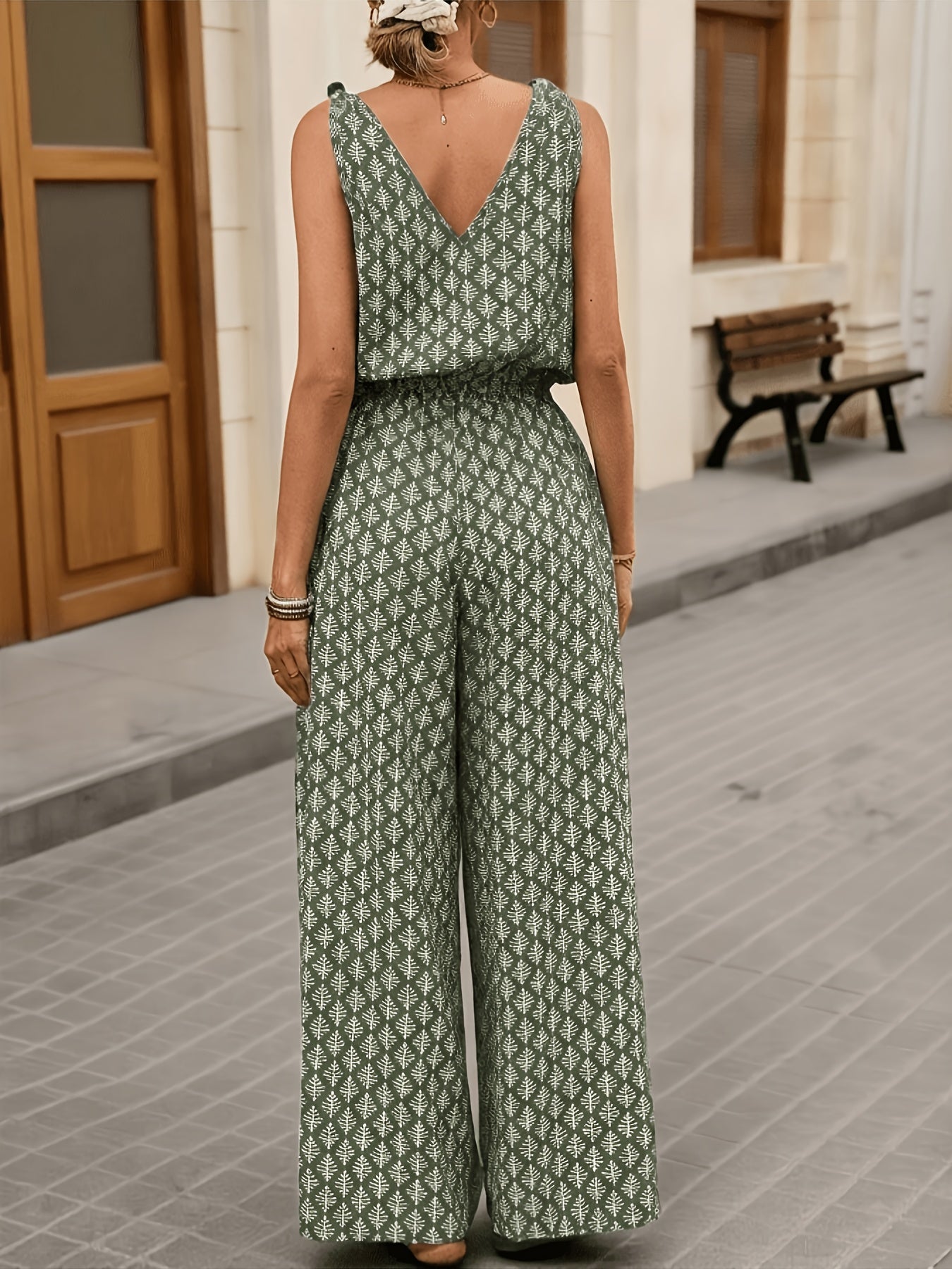Women's Casual Jumpsuit/Summer Wide-Leg/Printed Sleeveless V-Neck Long with Pockets and Buttons/Green, Apricot