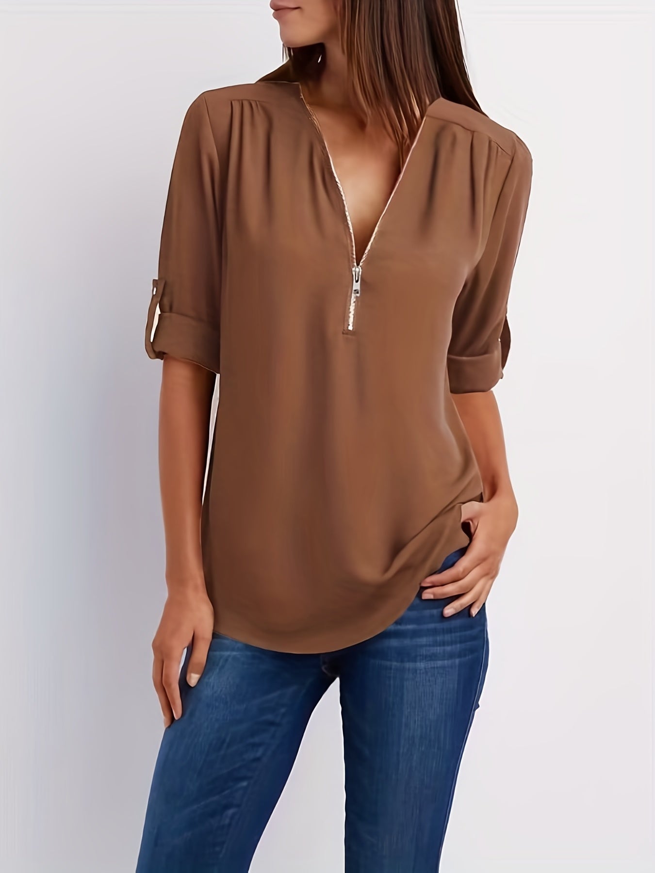 V-Neck Zipper Women'S Long-Sleeved Roll-Up Sleeve Loose Chiffon Shirt