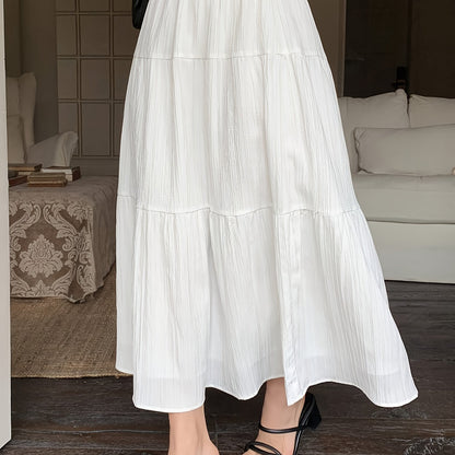 Midi Skirt Summer / Cake High Waist New Elastic / Mid-Length Large Swing Skirt White