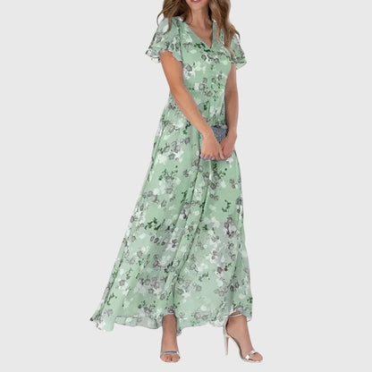 Effortless Floral Maxi Dress for Women with V Neck Flutter Sleeve Flowing Chiffon Boho Style