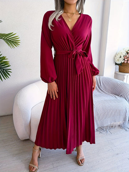 Style Autumn Winter Western Ins Hot Item Temperament V-Neck Flared Pleated Maxi Dress