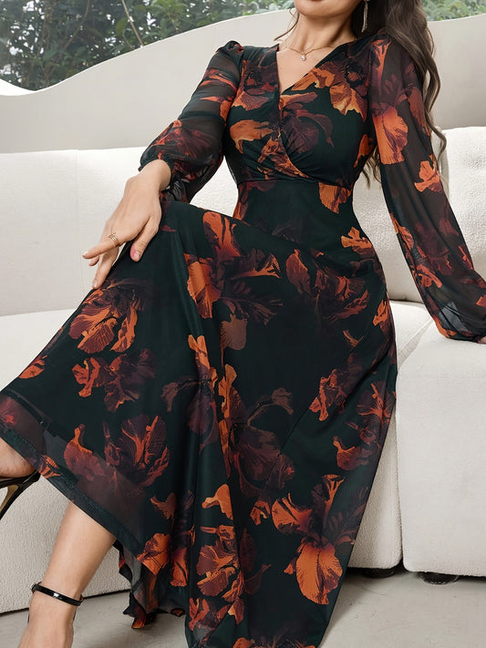 Women's Lace Dress WJ435, Elegant Floral Cinched Waist Long Dress, Deep V-Neck, Business Party, Spring/Autumn, Yellow Black Print Lace