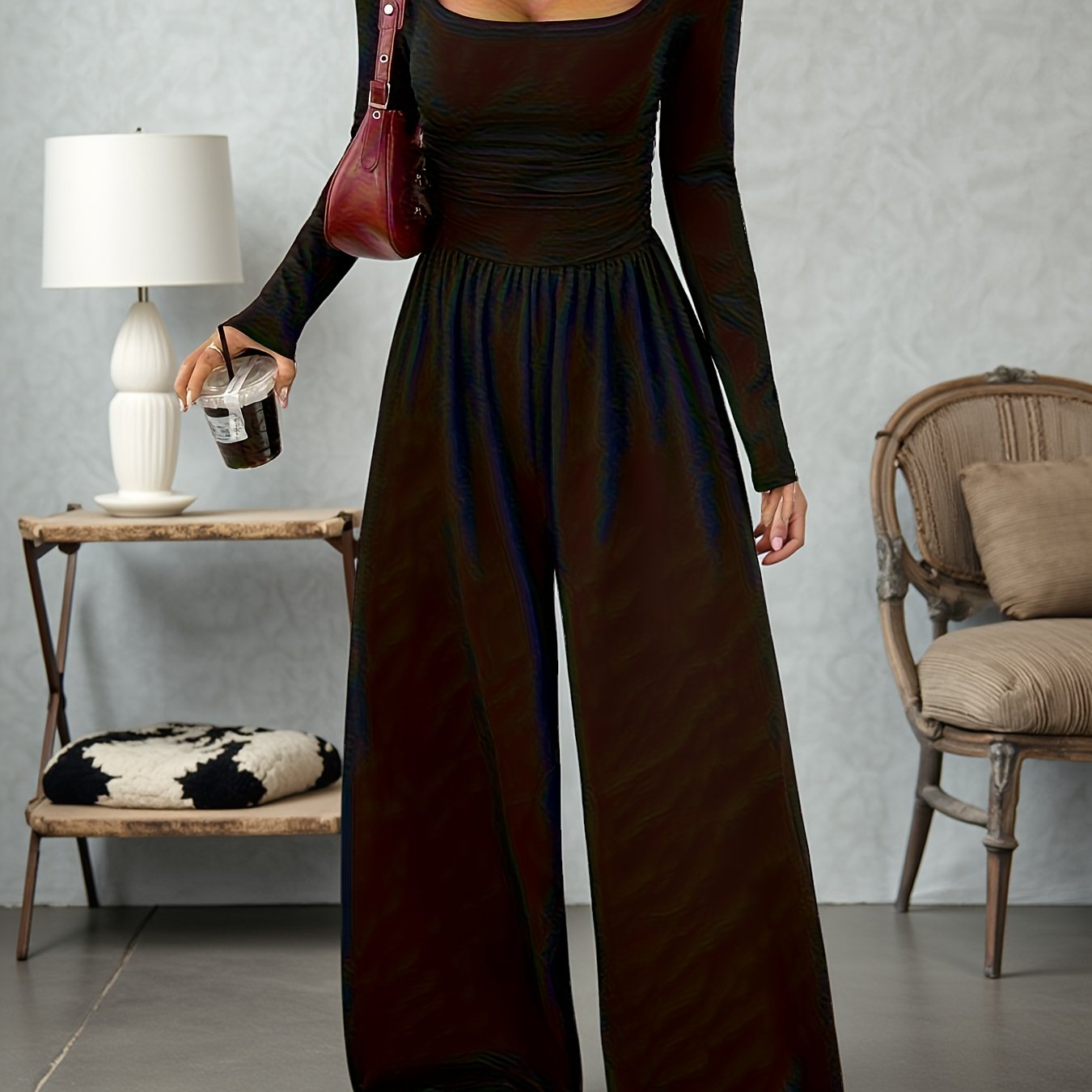 Solid Color Women's Classic Casual Square Neck Long Sleeve Jumpsuit