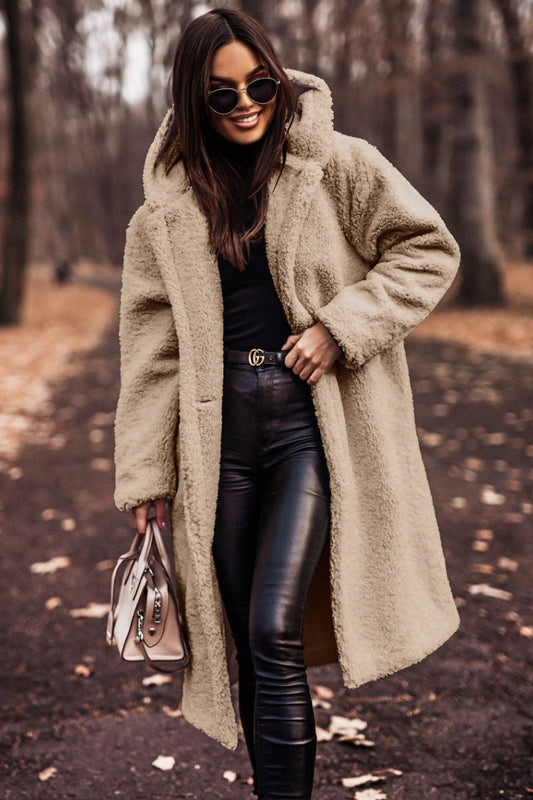 Effortless Teddy Coat for Women with Hooded Notch Collar Long Sleeve Oversized Longline Casual Style