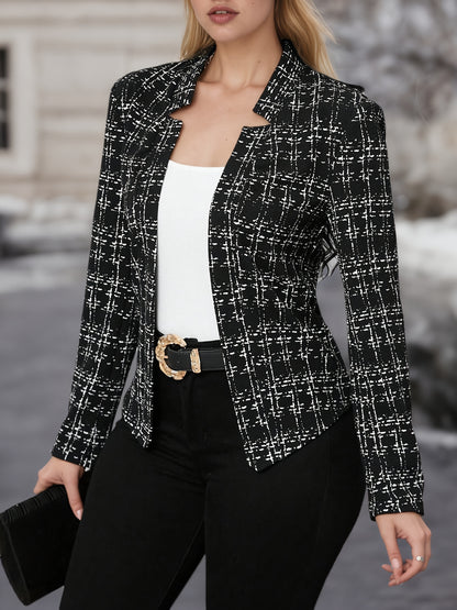 Elegant Women'S Plaid Blazer in a Beige-Brown Color Scheme, Featuring a Structured Collar Design Suitable for All Seasons. This Versatile Piece Is Perfect for Both Office And Party Settings