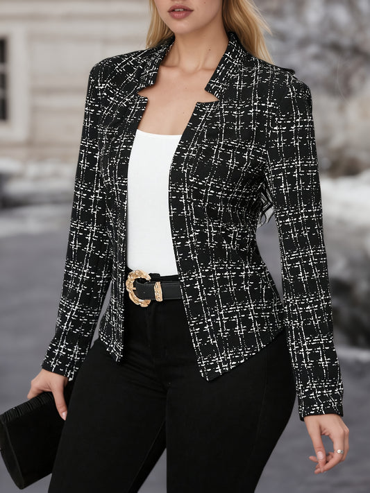 Elegant Tweed Blazer Jacket for Women with Notched Collar Long Sleeve Open Front Tailored Style