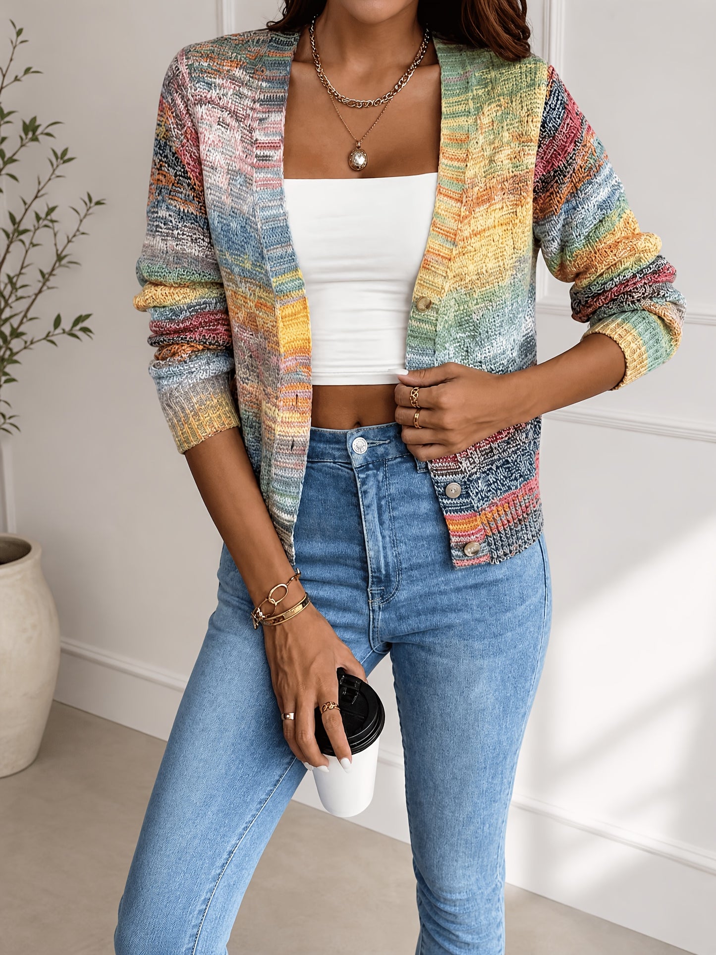 Women's Cardigan Sweater, Soft Acrylic Gradient Color Block Lightweight Blouse, Hand Washable Glossy Vibe, Suitable for Spring Summer Fall Winter Layering, Elegant for Home Office & Casual Wear