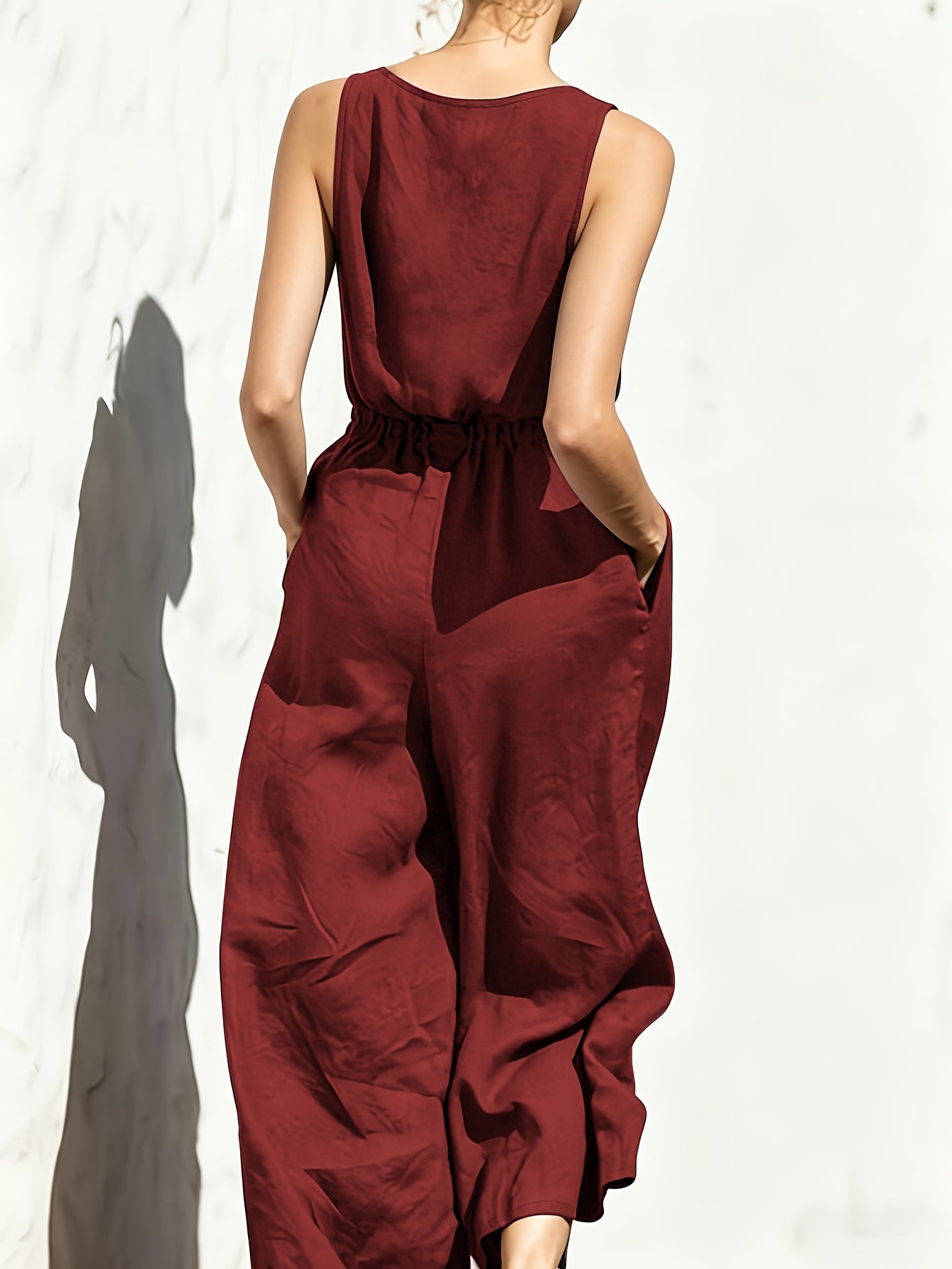 Commuting Style Navy Jumpsuit Sleeveless Button Waist Wide-Leg Casual Jumpsuit