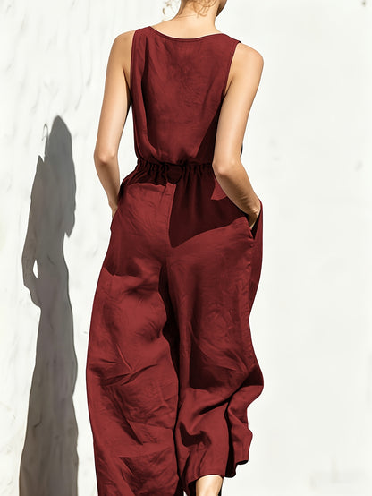 Commuting Style Navy Jumpsuit Sleeveless Button Waist Wide-Leg Casual Jumpsuit