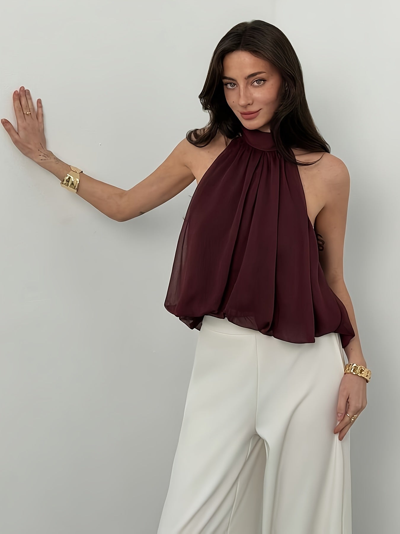 [Women's Fashion Top] Elegant Women's Bow Tie Halter Top | Solid Color Fashion