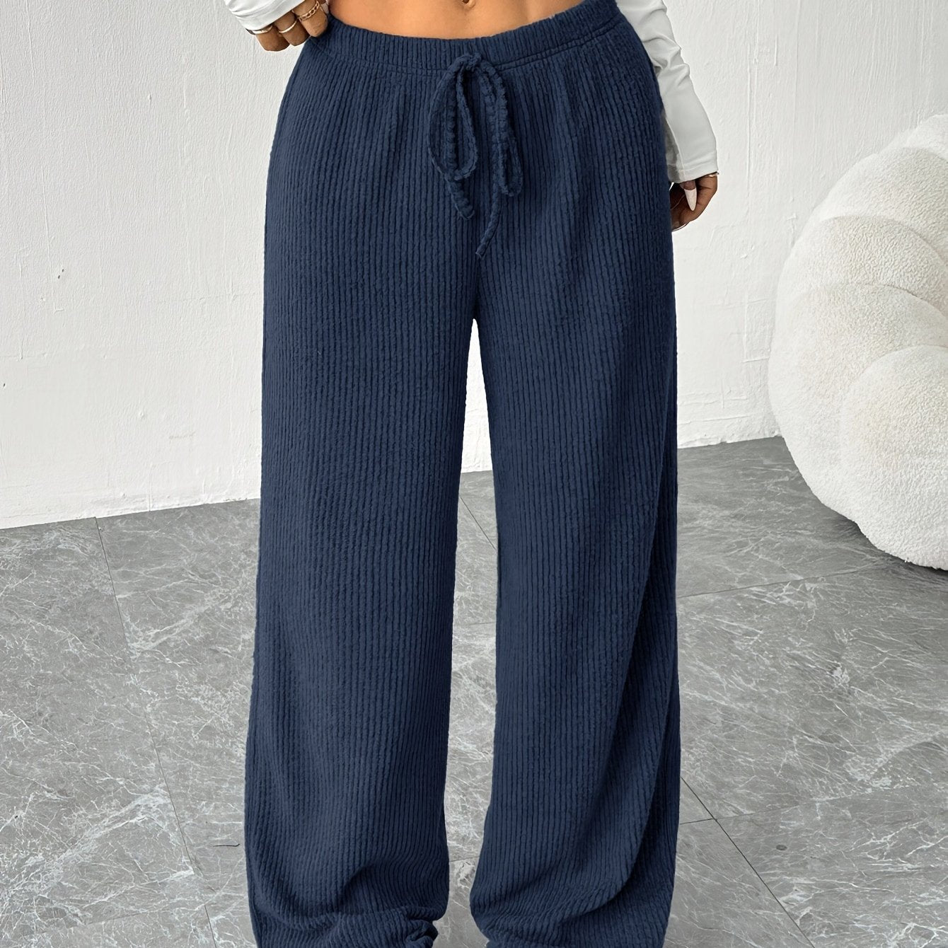Effortless Ribbed Knit Wide Leg Pants for Women with High Waist Drawstring Relaxed Flowing Casual Style