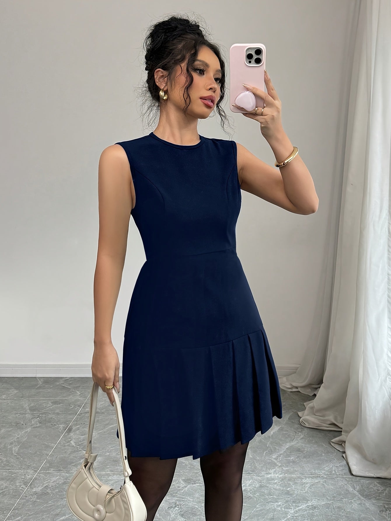 Women's Casual Sleeveless Elegant Solid Color Ruffle Hem Slim Fit Blue Mini Dress