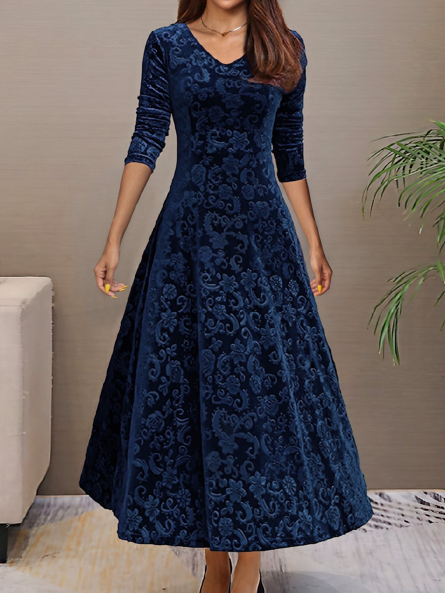 Directional - New And Thinning Large Swing Skirt Women'S Clothing Golden Velvet Long Sleeve Dress Long Style