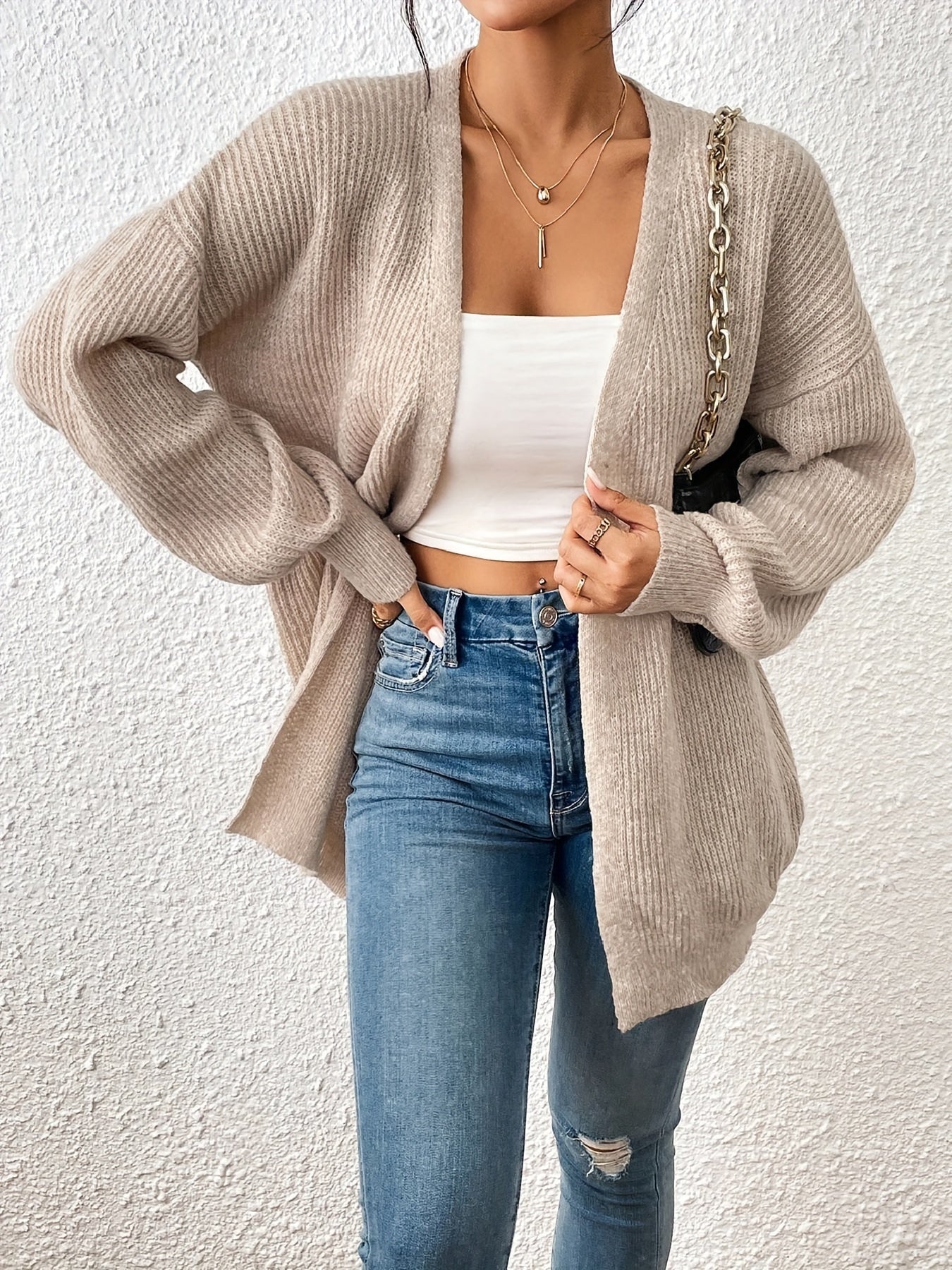 Women's Open Front Drop Shoulder Striped Solid Cardigan