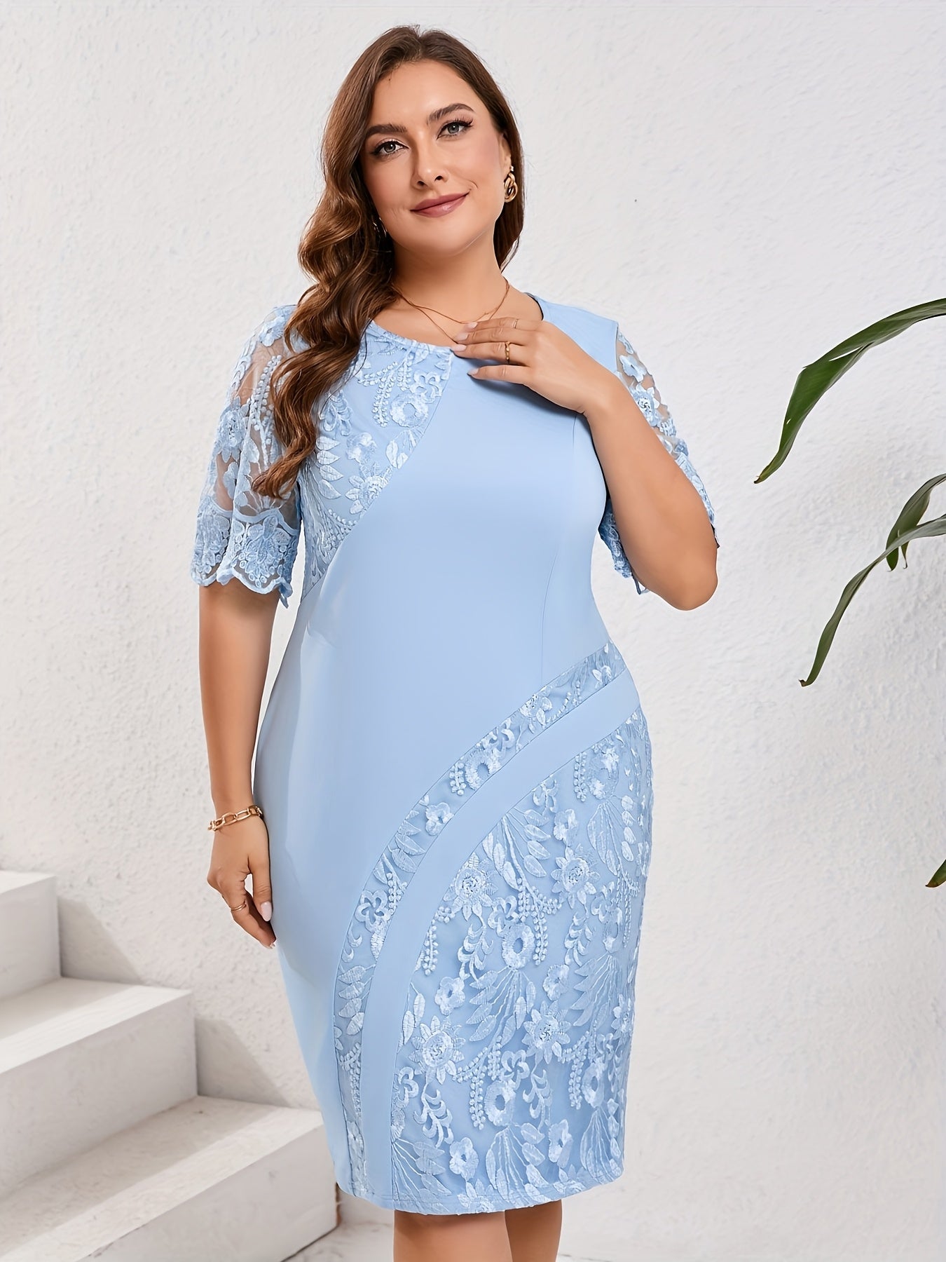 Plus Size - Plus Size - Plus Size Women'S Dress Embroidered Lace Patchwork Slim Cocktail Dress Sheath Dress