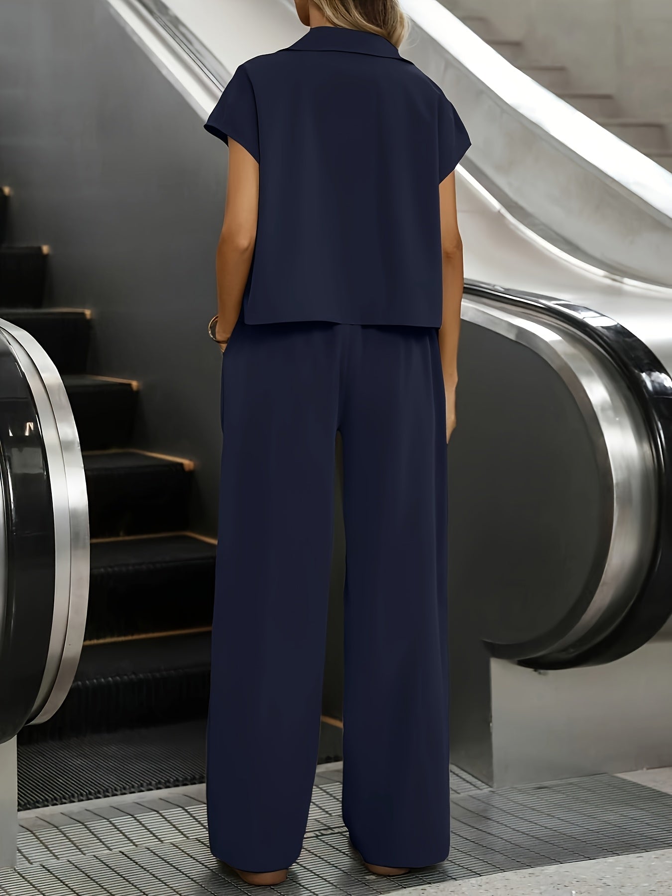 Women's Casual Solid Color Shirt and Pants 2pcs Set, Spring Summer 2pcs Set: Solid Color Button-Up Short Sleeve Top and Pocket Pants, Women's Casual Elegant Spring Summer 2pcs Outfit, Women's Outing and Date Wear, Spring Summer Women's Clothing