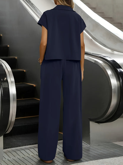 Women's Casual Solid Color Shirt and Pants 2pcs Set, Spring Summer 2pcs Set: Solid Color Button-Up Short Sleeve Top and Pocket Pants, Women's Casual Elegant Spring Summer 2pcs Outfit, Women's Outing and Date Wear, Spring Summer Women's Clothing